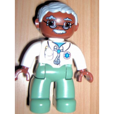 duplo figure lego ville male medic sand green legs white top with stethoscope light bluish gray hair brown head glasses moustache