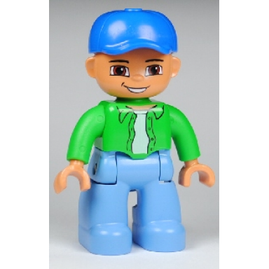 duplo figure lego ville male medium blue legs bright green top with white undershirt blue cap
