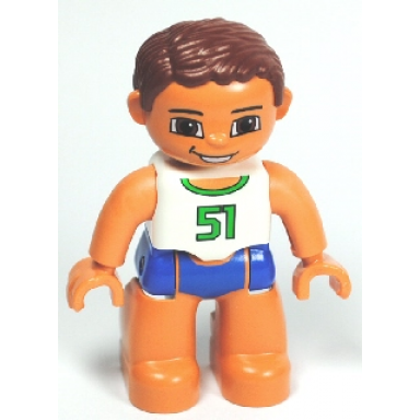 duplo figure lego ville male blue swim trunks white top with green 51 reddish brown hair
