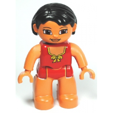 duplo figure lego ville female red swimsuit with yellow bow black hair