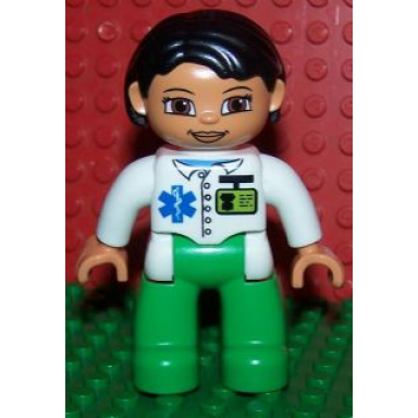 duplo figure lego ville female medic bright green legs white top with id badge and emt star of life pattern black hair brown eyes