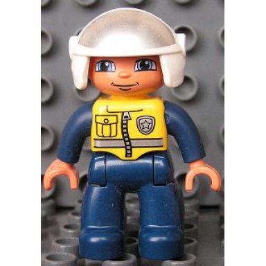 duplo figure lego ville male police dark blue legs and jumpsuit with yellow vest white helmet