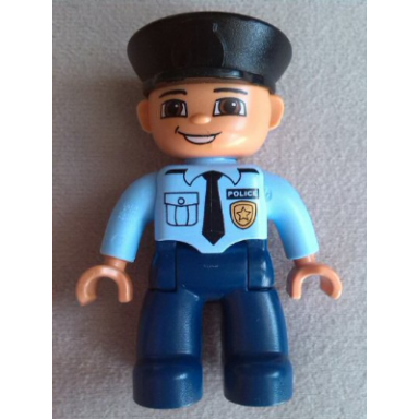 duplo figure lego ville male police dark blue legs light blue top with badge and tie nougat hands black hat