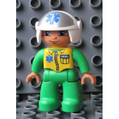 duplo figure lego ville male medic bright green legs jumpsuit with yellow vest white helmet with emt star of life pattern