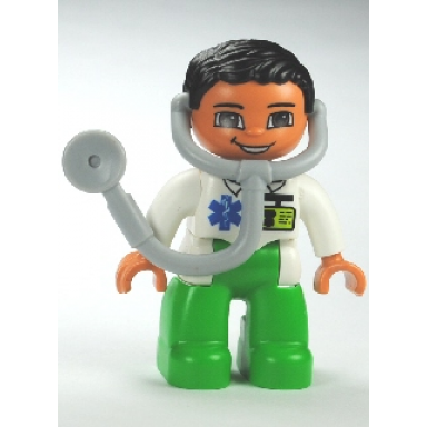 duplo figure lego ville male medic bright green legs white top with id badge and emt star of life pattern attached stethoscope