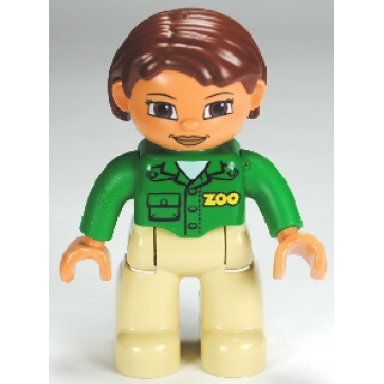 duplo figure lego ville female tan legs green top with zoo on front and back reddish brown hair brown eyes zoo worker
