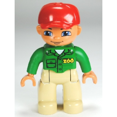 duplo figure lego ville male tan legs green top with zoo on front and back red cap blue eyes zoo worker