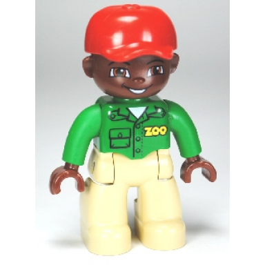 duplo figure lego ville male tan legs green top with zoo on front and back brown head red cap brown head brown eyes zoo worker