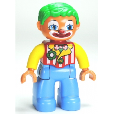 duplo figure lego ville male clown medium blue legs striped jacket bow tie green hair