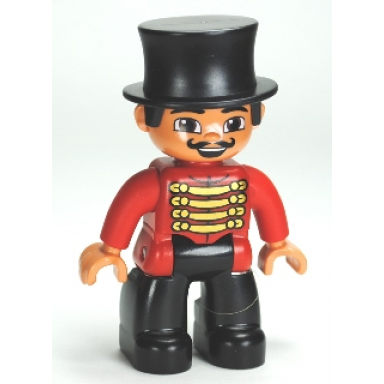 duplo figure lego ville male circus ringmaster black legs red top with gold braid top hat brown eyes