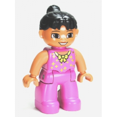 duplo figure lego ville female tightrope walker dark pink legs and top with gold bow and stars black ponytail hair brown eyes
