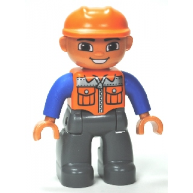 duplo figure lego ville male dark bluish gray legs orange vest with zipper and pockets orange construction helmet