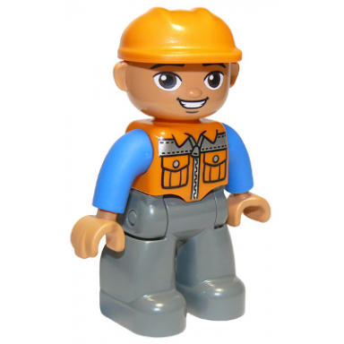 duplo figure lego ville male dark bluish gray legs orange vest with zipper and pockets orange construction helmet oval eyes