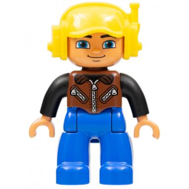 duplo figure lego ville male blue legs brown vest with zipper and zippered pockets yellow cap with headset