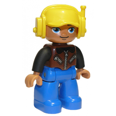 duplo figure lego ville male blue legs brown vest with zipper and zippered pockets yellow cap with headset oval eyes