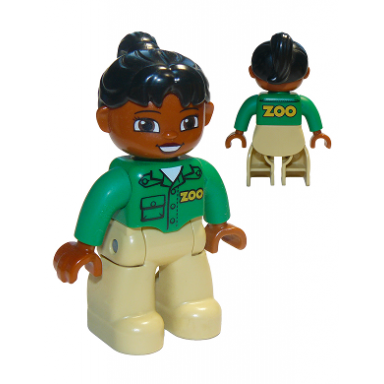 duplo figure lego ville female tan legs green top with zoo on front and back black ponytail hair brown head zoo worker