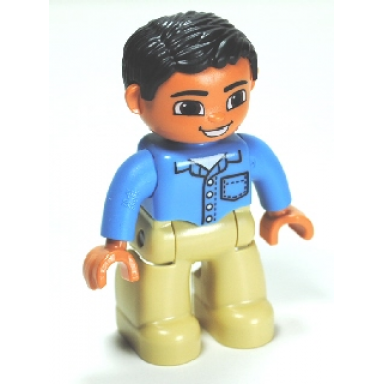duplo figure lego ville male tan legs medium blue shirt with pocket and 4 buttons black hair