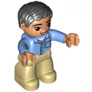 duplo figure lego ville male tan legs medium blue shirt with pocket and 4 buttons black hair oval eyes