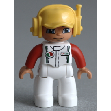 duplo figure lego ville male white legs white race top with octan logo yellow cap with headset