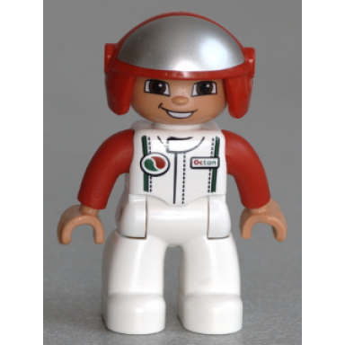 duplo figure lego ville male white legs white race top with octan logo red helmet