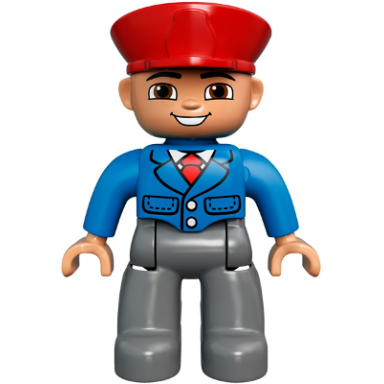duplo figure lego ville male dark bluish gray legs blue jacket with tie red hat smile with teeth train conductor 6203758 6273392