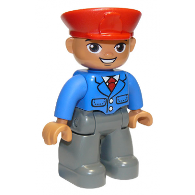 duplo figure lego ville male dark bluish gray legs blue jacket with tie red hat smile with teeth train conductor oval eyes