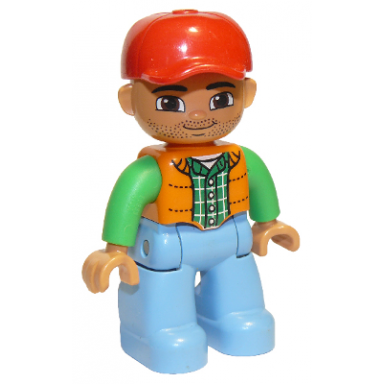 duplo figure lego ville male medium blue legs orange vest dark green plaid shirt bright green arms red cap