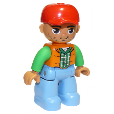 duplo figure lego ville male medium blue legs orange vest dark green plaid shirt bright green arms red cap oval eyes