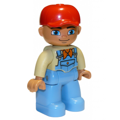 duplo figure lego ville male medium blue legs tan top with medium blue overalls bandana red cap