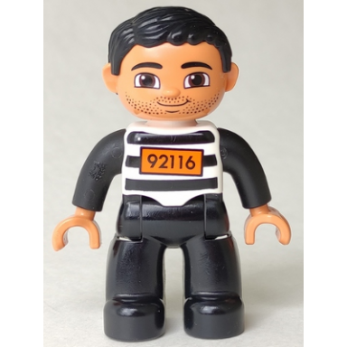 duplo figure lego ville male black legs black and white striped top with number 92116 black hair prisoner
