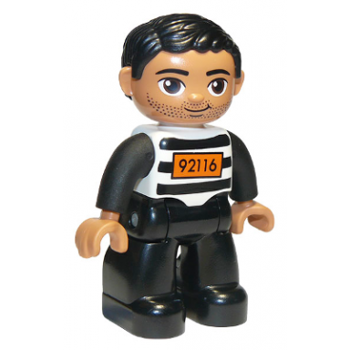 duplo figure lego ville male black legs black and white striped top with number 92116 black hair prisoner oval eyes