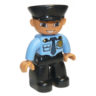 duplo figure lego ville male police black legs medium blue top with badge black hat