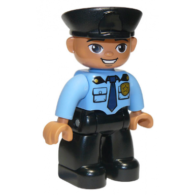 duplo figure lego ville male police black legs medium blue top with badge black hat oval eyes