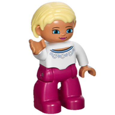 duplo figure lego ville female magenta legs white sweater with blue pattern bright light yellow hair blue eyes