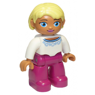 duplo figure lego ville female magenta legs white sweater with blue pattern bright light yellow hair blue oval eyes