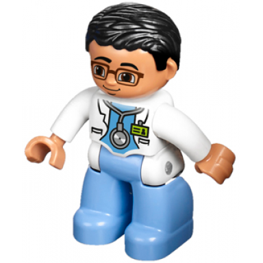 duplo figure lego ville male medic medium blue legs white lab coat stethoscope glasses black hair
