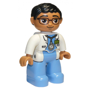 duplo figure lego ville male medic medium blue legs white lab coat stethoscope glasses black hair oval eyes