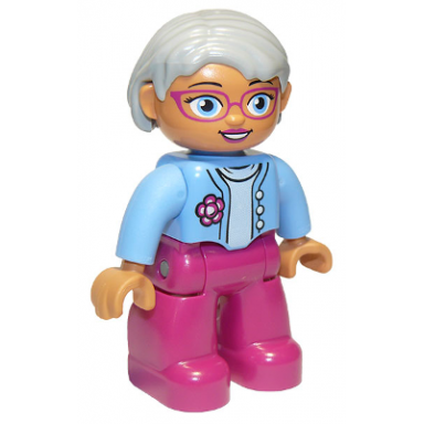 duplo figure lego ville female magenta legs medium blue top with flower light bluish gray hair blue eyes glasses oval eyes