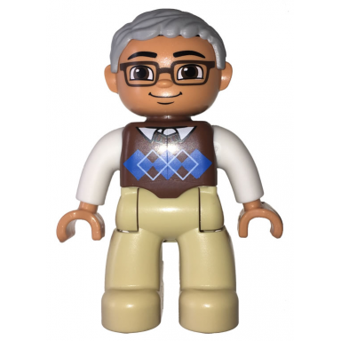 duplo figure lego ville male tan legs reddish brown argyle sweater vest white arms light bluish gray hair glasses
