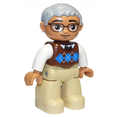 duplo figure lego ville male tan legs reddish brown argyle sweater vest white arms light bluish gray hair glasses oval eyes