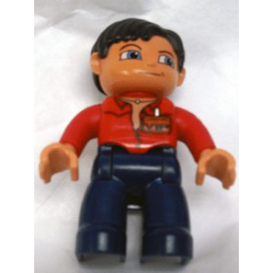 duplo figure lego ville male dark blue legs red top with open collar black hair vip badge blue eyes closed mouth smile