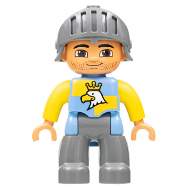 duplo figure lego ville male castle dark bluish gray legs blue and yellow chest with crowned eagle helmet