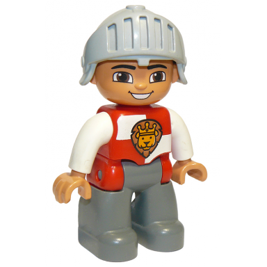 duplo figure lego ville male castle dark bluish gray legs red and white chest with lion on shield helmet