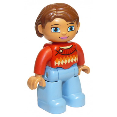 duplo figure lego ville female medium blue legs red sweater with diamond pattern reddish brown hair blue eyes