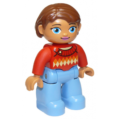 duplo figure lego ville female medium blue legs red sweater with diamond pattern reddish brown hair blue oval eyes