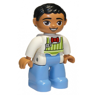 duplo figure lego ville male medium blue legs lime striped apron red bow tie black hair oval eyes