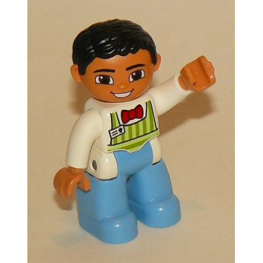 duplo figure lego ville male medium blue legs lime striped apron red bow tie black hair