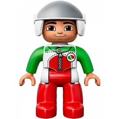 duplo figure lego ville male red legs race top with zipper and octan logo white helmet