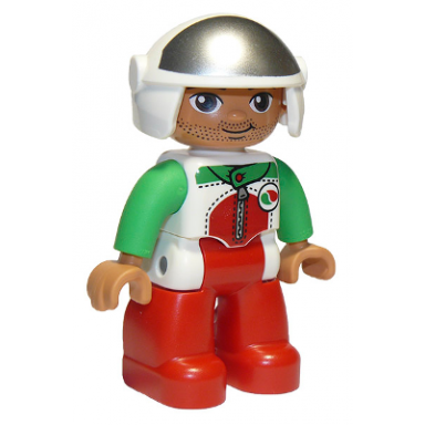 duplo figure lego ville male red legs race top with zipper and octan logo white helmet oval eyes
