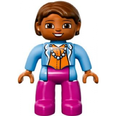 duplo figure lego ville female magenta legs medium blue top with necklace dark orange head reddish brown hair